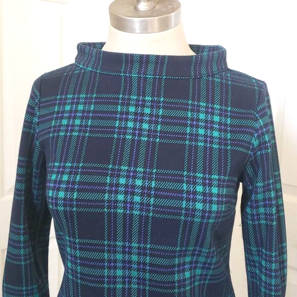 TALBOTS Funnel Neck Knit Top Blue Green Black Blackwatch Plaid - Picture 7 of 16